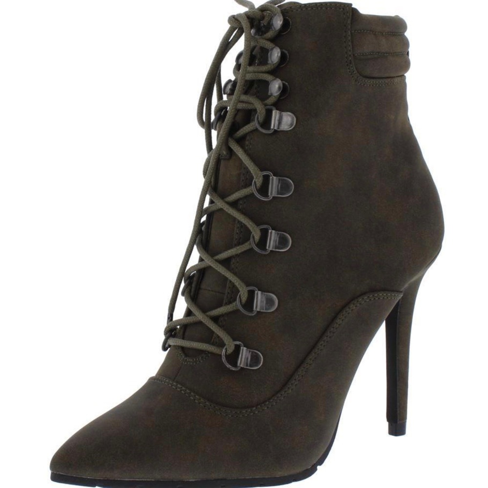 Qupid Nubuck PU Khaki Lace Up Heel Booties